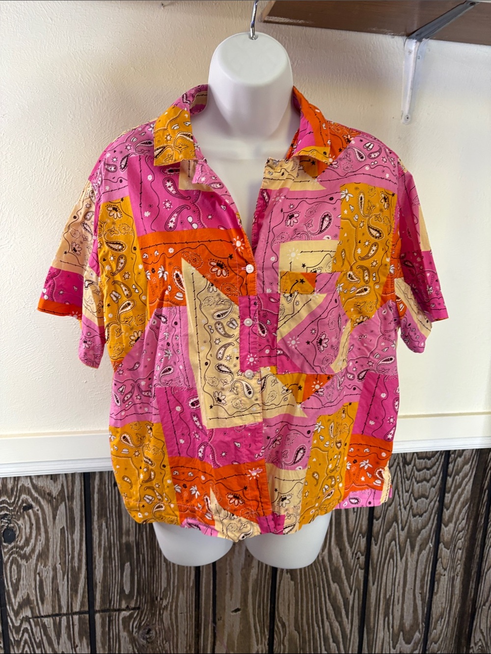 aerie Short-Sleeve Patchwork Bandana Button-Down in Pink, Orange Mustard & Cream